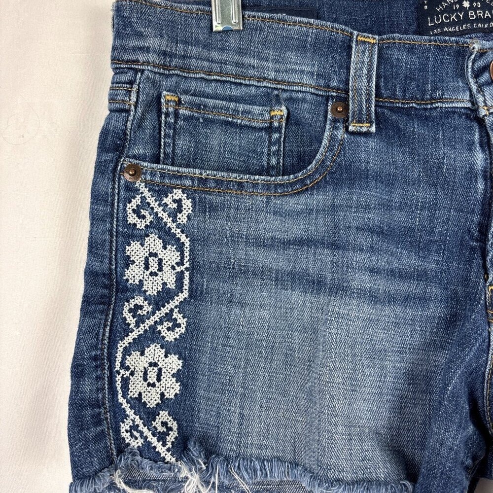Lucky‎ Brand Denim Shorts Women's 6/28 Cutoff Frayed Hem Embroidered Floral - Picture 3 of 14